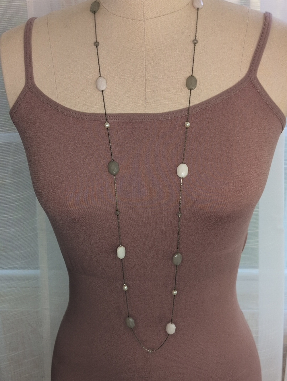 Long Beaded Pendant Necklace - Neutral Gray and White